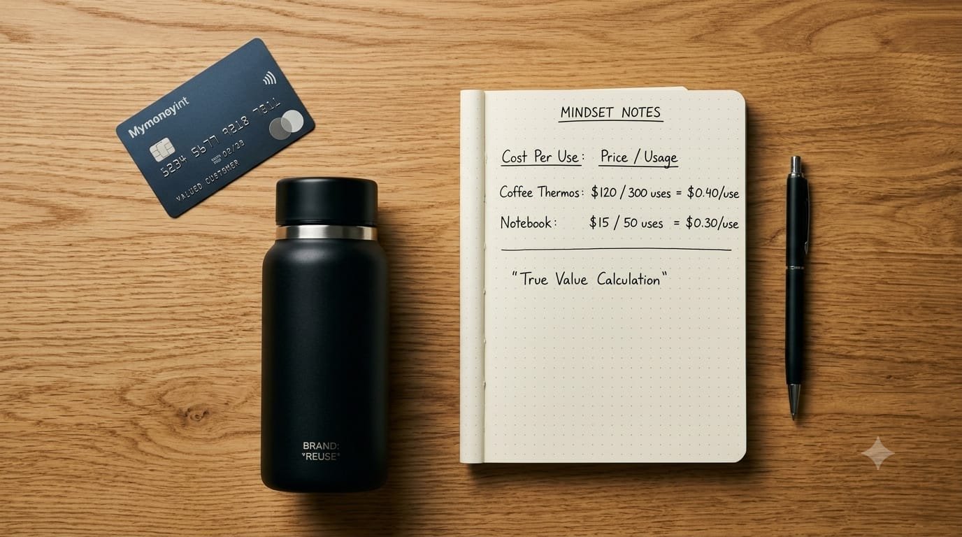 Cost per Use Mindset illustrated with a reusable bottle, notebook showing cost calculations, pen and a bank card on a wooden desk.