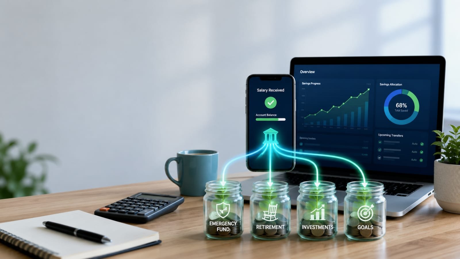 Smartphone routing salary into savings jars for emergency, retirement, investment and goals.