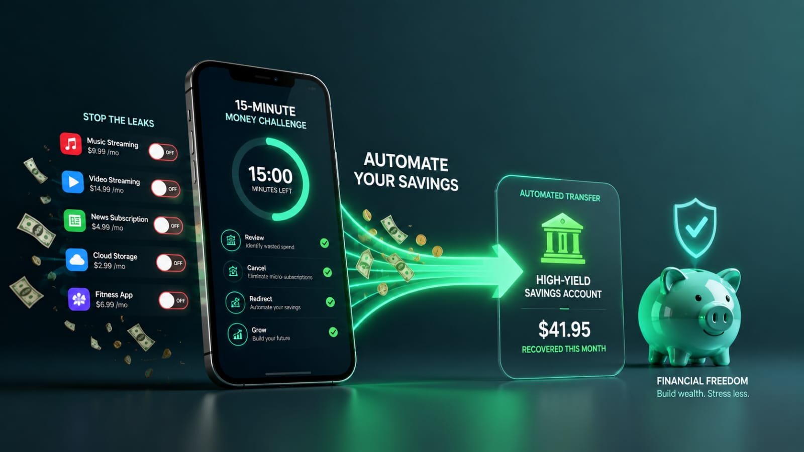Smartphone toggling off recurring subscriptions, redirecting saved cash into a high yield savings account.