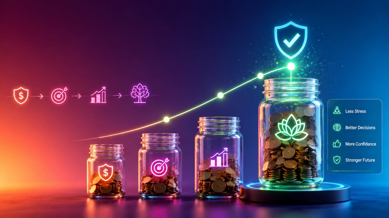 Four coin jars growing in size, with an upward financial line leading to a lotus marked peace of mind fund.