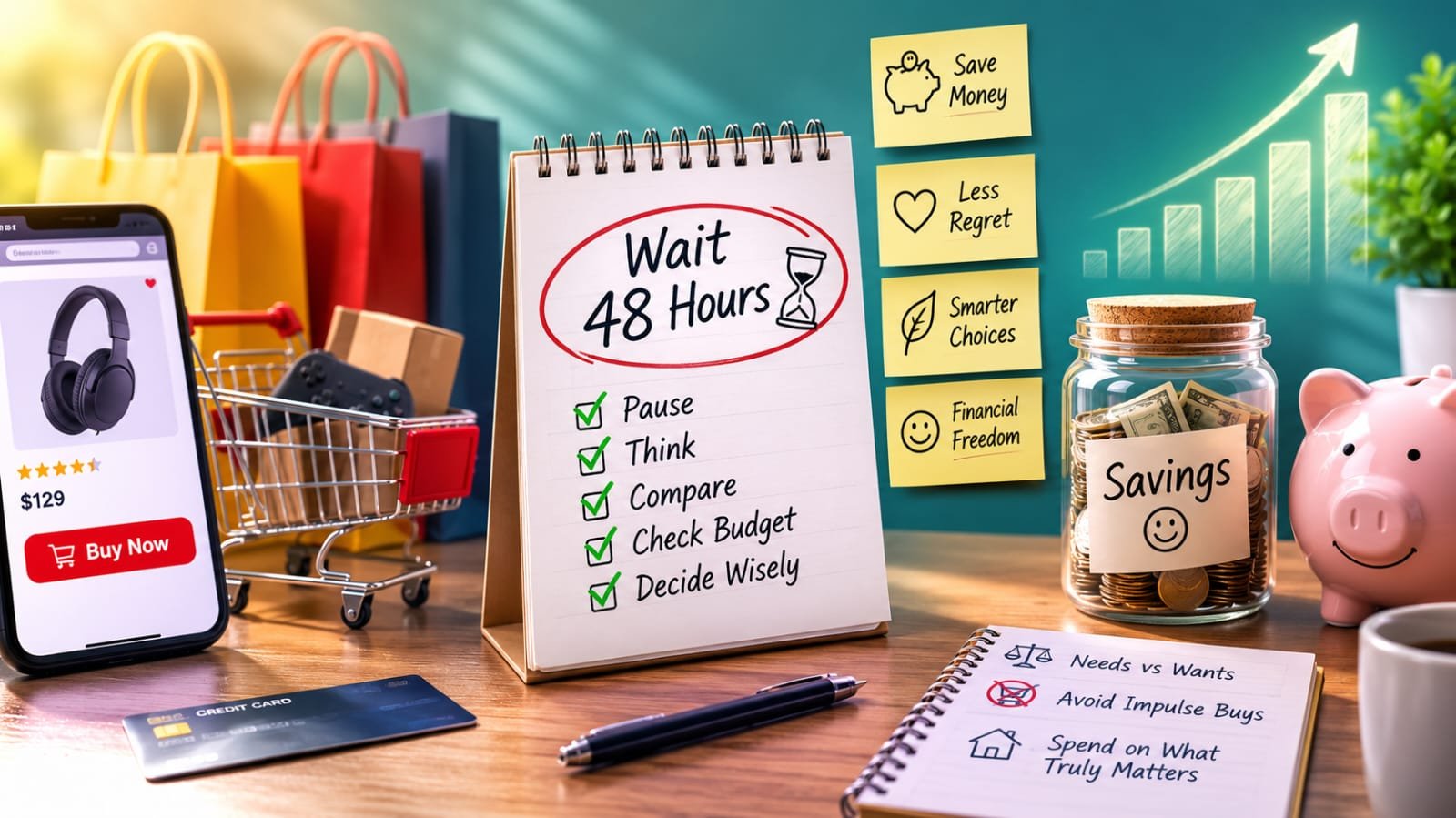 Person using the 48 hour rule while comparing savings goals, budget notes and a growing money jar.