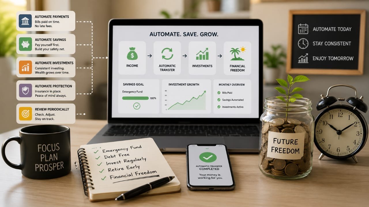 Set it and Forget it strategy and automated savings with budget planner, phone, coins and growing money jar.