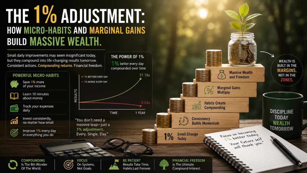 Micro-habits, coins, and growth chart illustrating how 1% adjustment in personal finance compound into lasting wealth.